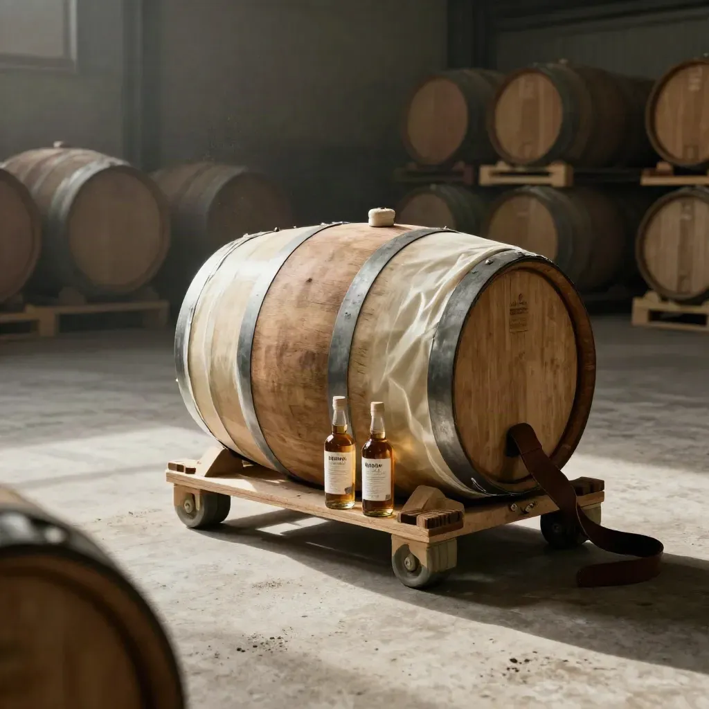 Whisky cask on a roller pallet with sample bottles and leather strap in a warehouse bay.