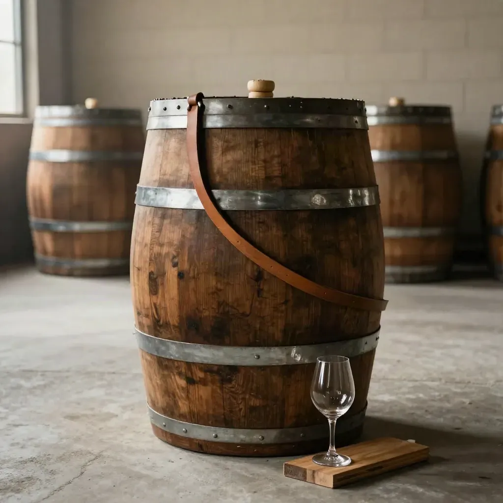 Sale-ready whisky cask with tasting glass and leather strap in a clean bonded warehouse bay.