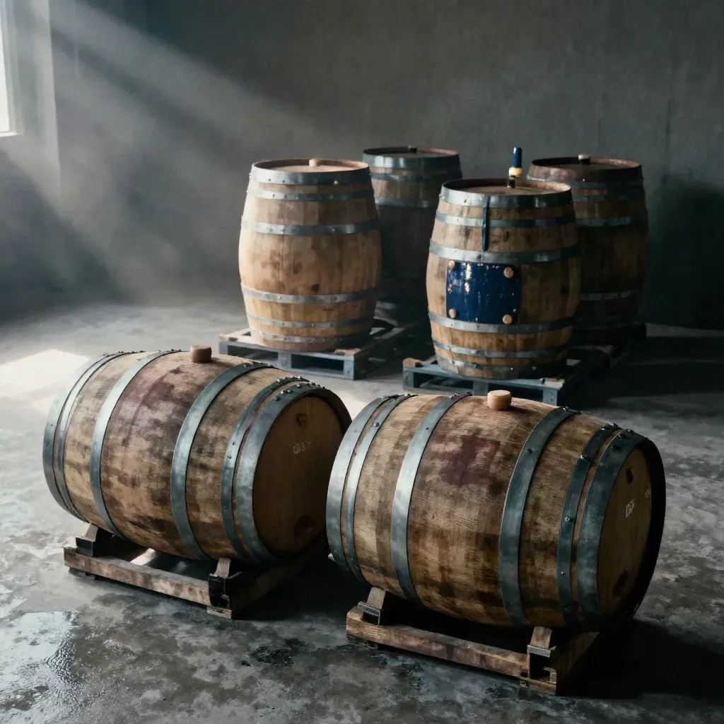 Four whisky casks split into two pairs in a misty bonded warehouse corner, viewed from above.