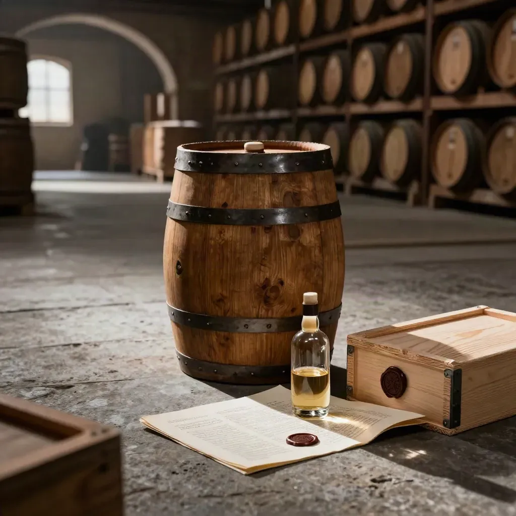 Whisky cask, sample bottle, wax seal and crate lid on a stone floor in a bonded warehouse.