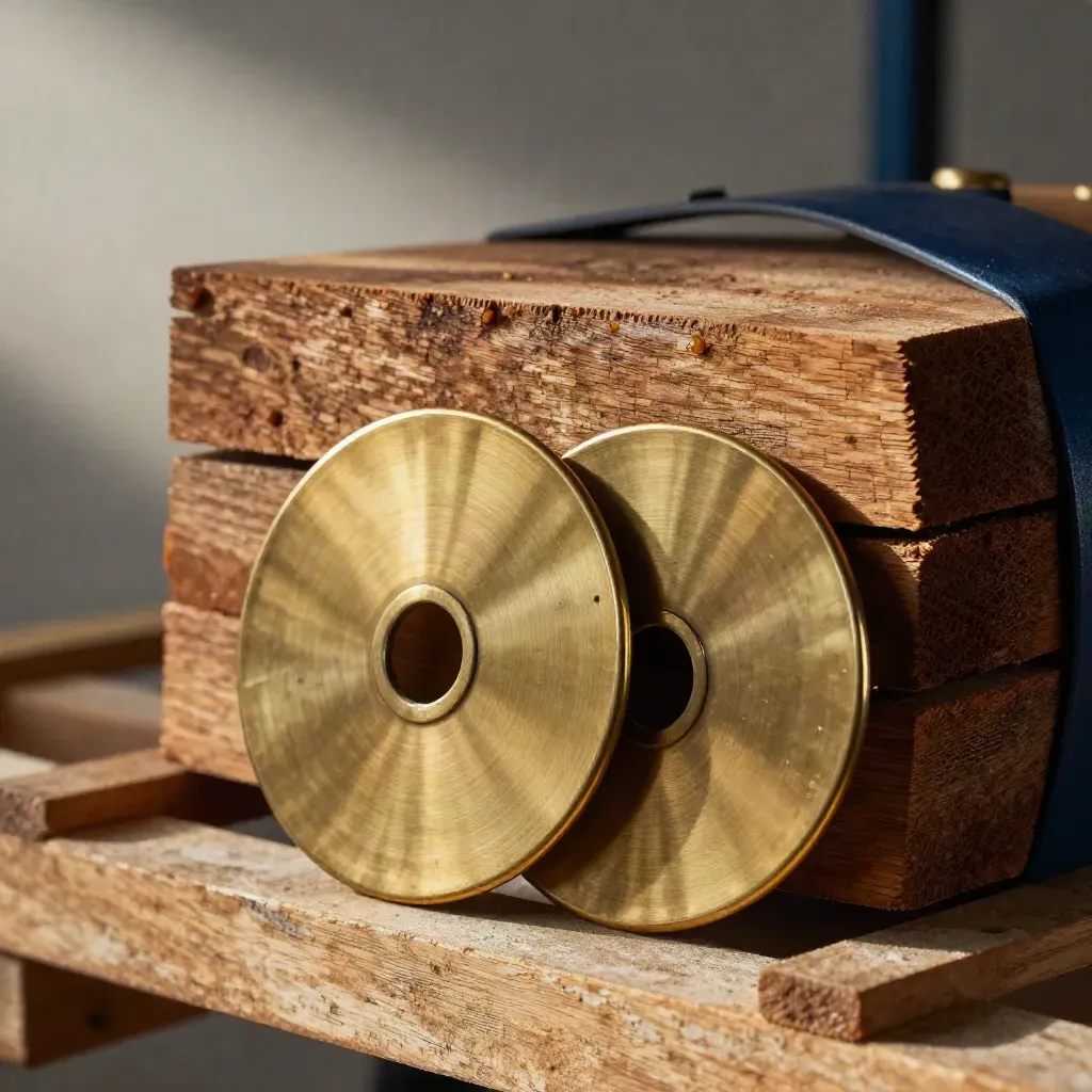Macro of oak cask staves and brass lot discs with a navy warehouse accent