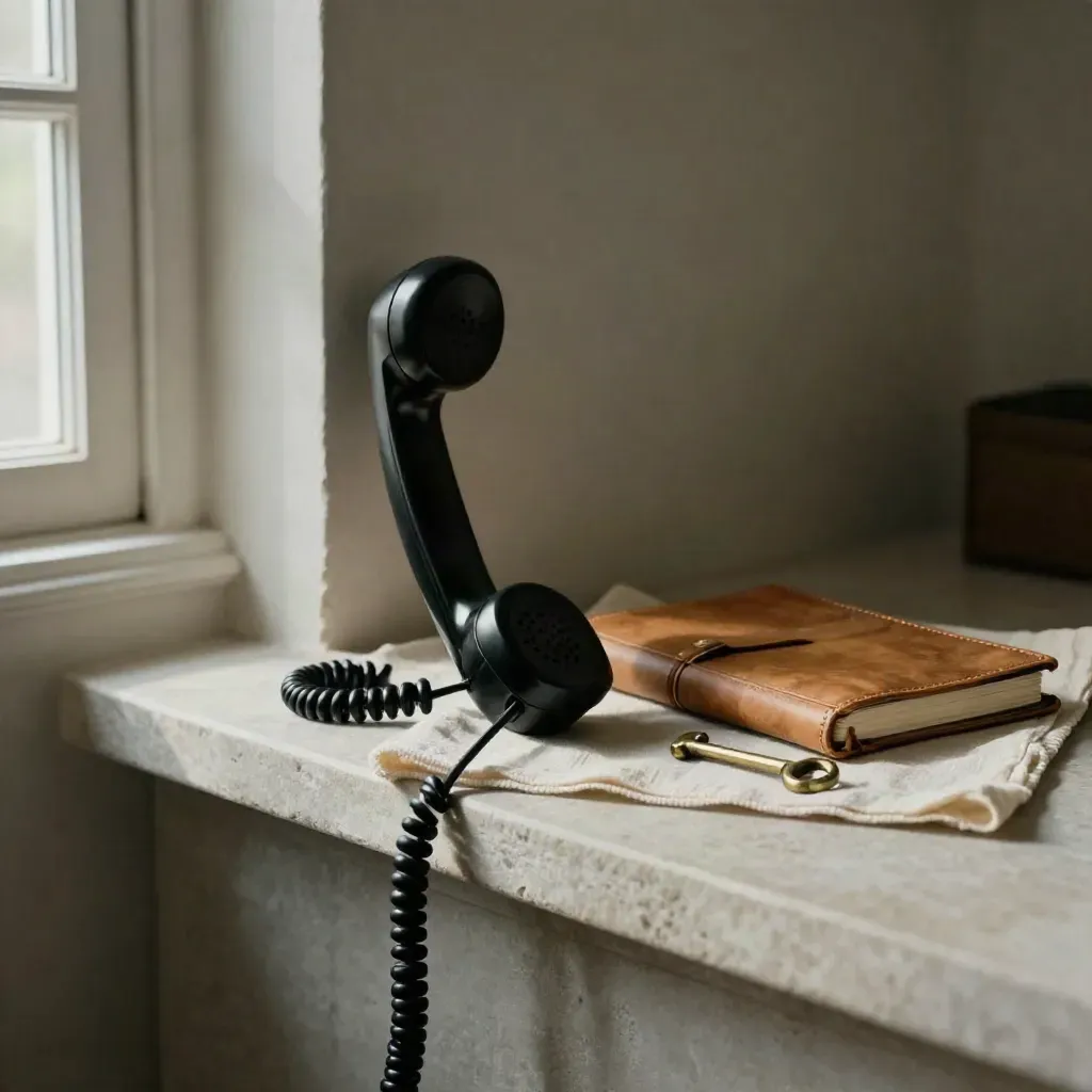 Black handset, leather notebook and brass cask key on cream cloth over pale stone.