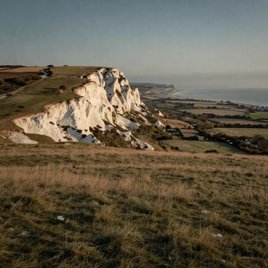 Golden chalk downs and a pale coastal horizon at sunset in South East England.